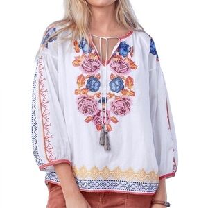 Tolani Floral Embroidered Tassel Tie Peasant Top